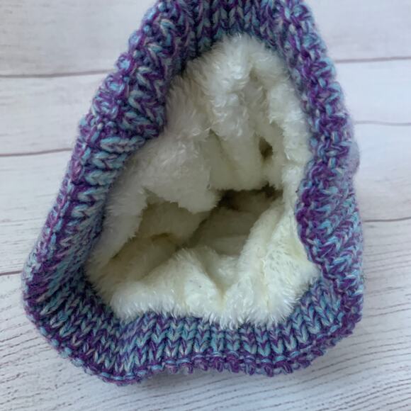 Kids Blue and Purple Stocking Hat with Pom Folded Cuff Fleece Interior Small - Picture 6 of 12